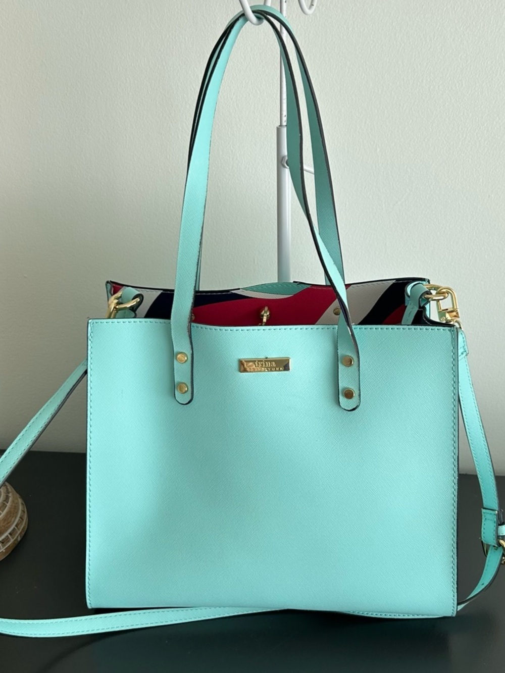 Trina Turk Aqua Blue Structured Tote Crossbody Bag Gold Hardware Satchel - Picture 3 of 8